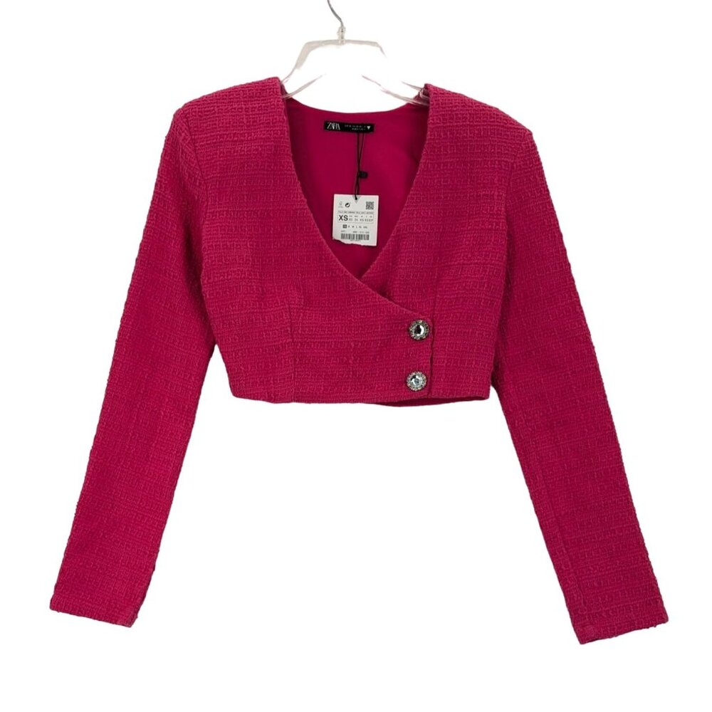 Zara Women Crop Blazer Women Size XS Tweed Rhinestone Button-Up Preppy City Y2K